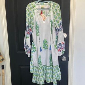 Floral Bohemian Dress - Green and Blue embroidered sleeves